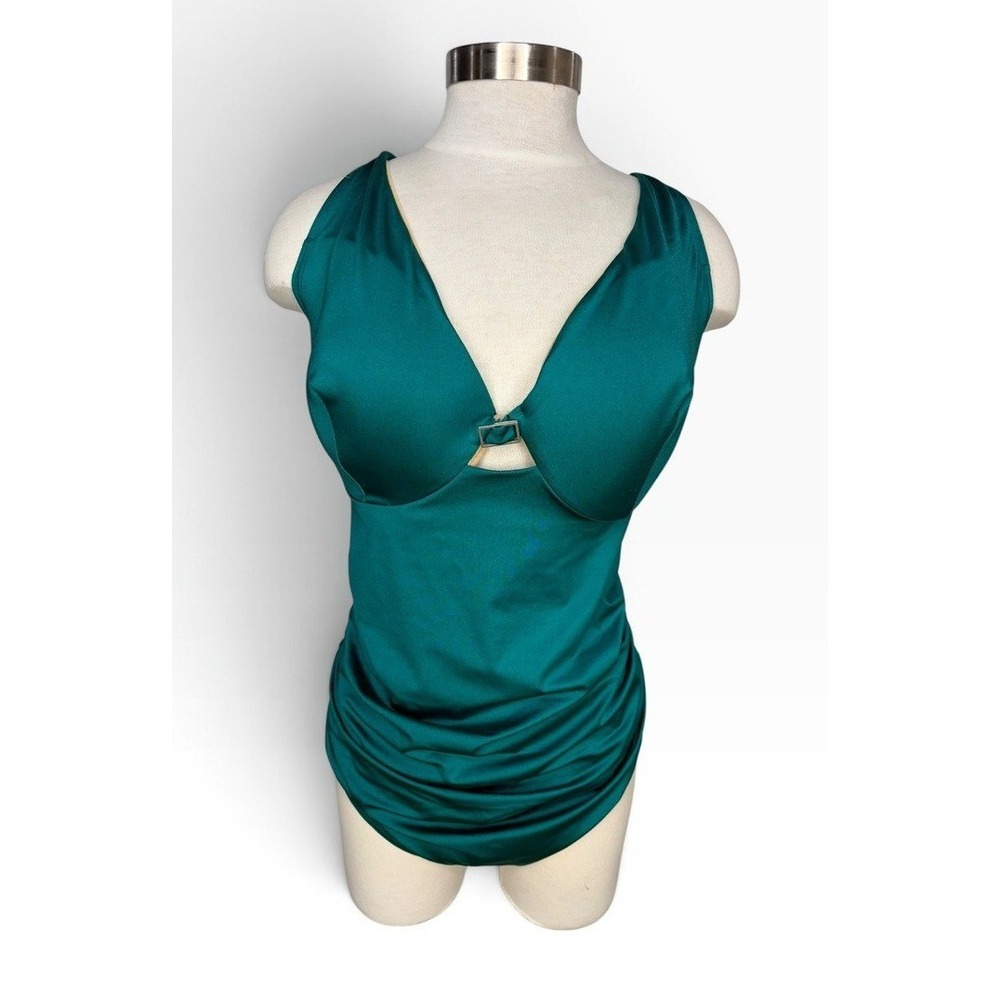 Lane Bryant Cacique Green Shimmer Underwire Plunge One Piece Swimsuit Ruched Bra